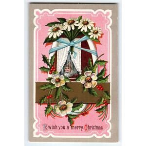 Vintage Christmas Postcard Santa Peeking Window with Flowers 1910s